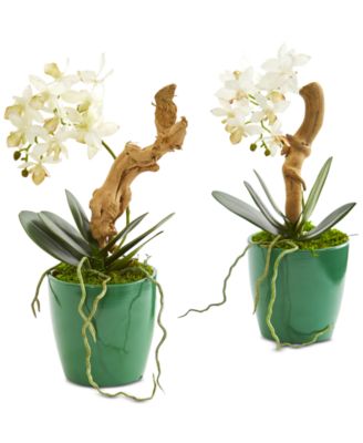 Nearly Natural - Mini Phalaenopsis Orchid Artificial Arrangements in Green Planters, Set of 2