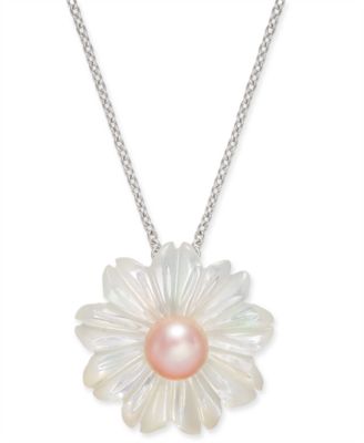 Macy's - Pink Cultured Freshwater Pearl (6 mm) & Mother-of-Pearl (19-1/2 mm) 18" Pendant Necklace in Sterling Silver
