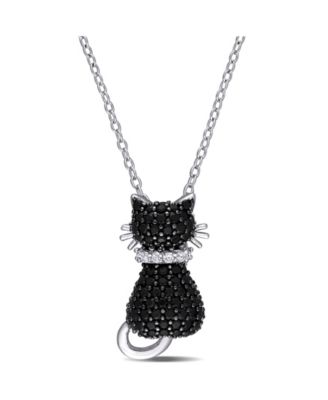 Macy's - Black Spinel (2 1/3 ct. t.w.) and Lab Grown White Sapphire Accent Kitty Cat Necklace in Sterling Silver