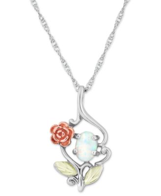 Black Hills Gold - White Opal (7x5mm) Rose Pendant 18" Necklace in Sterling Silver with 12k Rose and Green Gold