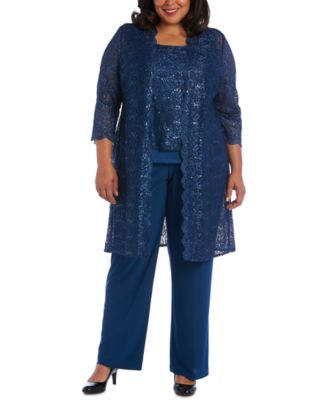 R & M Richards - 3-Pc. Plus Size Sequined Lace Pantsuit & Shell