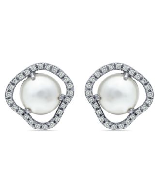 Macy's - Imitation Pearl Cubic Zirconia Halo Button Earring in Fine Silver Plate