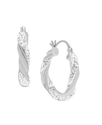 Essentials - Clear Crystal Twisted Click Top Hoop Earring in Fine Silver Plate or Gold Plate