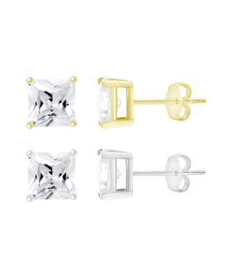 And Now This - Cubic Zirconia Duo Cushion Cut Stud Earring Set  in Fine Silver Two Tone Plated