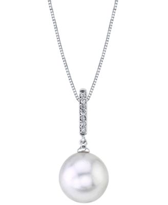 Macy's - Cultured White South Sea Pearl (11mm) & Diamond Accent 18" Pendant Necklace in 14k White Gold
