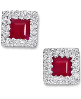 Macy's - Ruby (1/2 ct. t.w.) & Diamond (1/8 ct. t.w.) Square Halo Stud Earrings in 10k White Gold