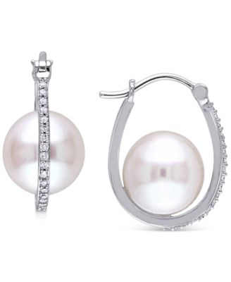 Macy's - Cultured Freshwater Pearl (9-1/2mm) & Diamond (1/7 ct. t.w.) Oval Hoop Earrings in 10k White Gold