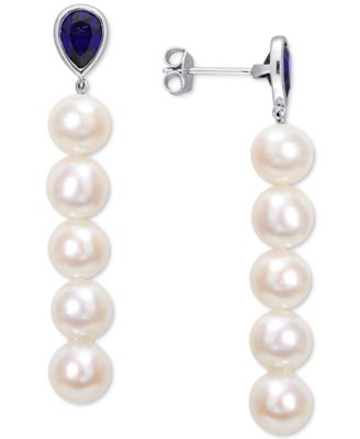 Macy's - Cultured Freshwater Pearl (7 - 7-1/2mm) & Lab-Grown Blue Sapphire (2-1/3 ct. t.w.) Linear Drop Earrings in Sterling Silver