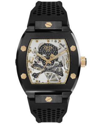 Philipp Plein - Men's Automatic The Skeleton Black & Gold-Tone Tonneau Strap Watch 44mm