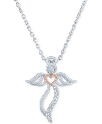 Macy's - Diamond Accent Angel Heart Pendant Necklace in Sterling Silver & 14k Rose Gold-Plate, 16" + 2" extender