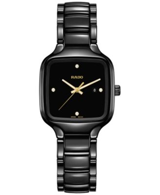 Rado - Women's Swiss True Square Diamond Accent Black Ceramic Bracelet Watch 29mm
