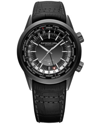 Raymond Weil - Men's Swiss Automatic Freelancer GMT Black Leather Strap Watch 41mm