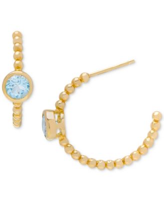 Macy's - Small Blue Topaz (1-1/8 ct. t.w.) Bezel Granulated Open Hoop Earrings in 14k Gold-Plated Sterling Silver, 0.77"