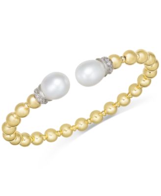 Macy's - Cultured Freshwater Pearl (9-1/2 x 10-1/2mm) & Cubic Zirconia Beaded Cuff Bracelet