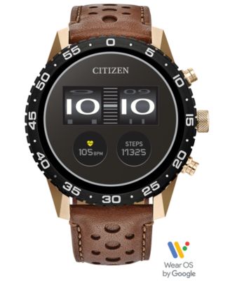 Citizen - Unisex CZ Smart Wear OS Brown Perforated Leather Strap Smart Watch 45mm