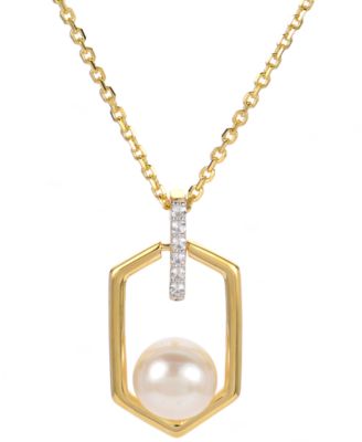 Macy's - Cultured Freshwater Button Pearl (7mm) & Lab-Created White Sapphire (1/10 ct. t.w.) Hexagon 18" Pendant Necklace in 14k Gold-Plated Sterling Silver