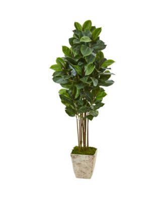 Nearly Natural - 63in. Rubber Leaf Artificial Tree in Country White Planter