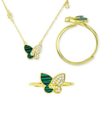 Macy's - 2-Pc. Set Lab-Grown Malachite & Cubic Zirconia Butterfly Pendant Necklace & Matching Ring in 14k Gold-Plated Sterling Silver