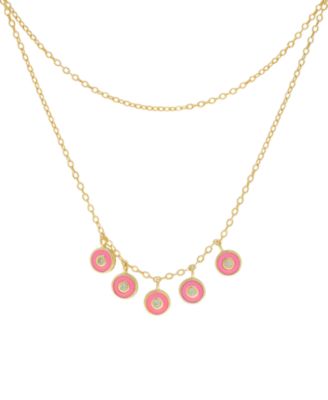 Macy's - Lab-Grown White Sapphire (1/20 ct. t.w.) & Pink Enamel Layered Necklace in 14k Gold-Plated Sterling Silver, 15" + 2" extender