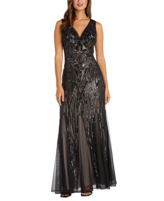 R & M Richards - Women's Sequined V-Neck Godet Gown