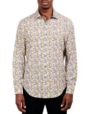 Society of Threads - Men's Slim-Fit Performance Stretch Gold-Floral Long-Sleeve Button-Down Shirt