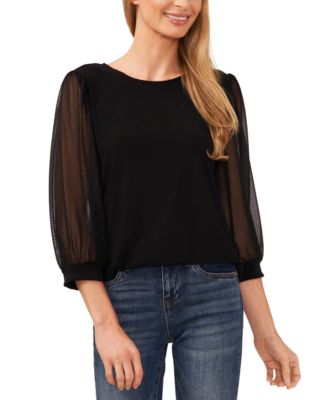 CeCe - Women's Glitter-Sleeve Mixed-Media Top