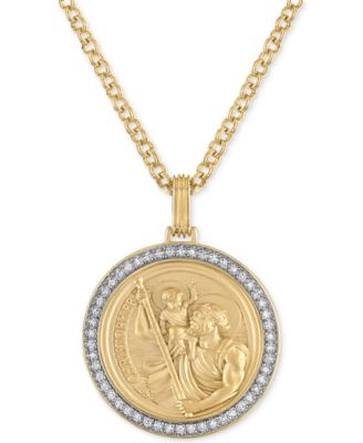 Esquire Men's Jewelry - Diamond St. Christopher Medallion 22" Pendant Necklace (1/4 ct. t.w.) in 18k Gold-Plated Sterling Silver