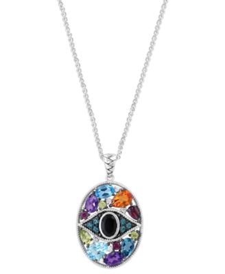 EFFY Collection - Onyx, Multi-Gemstone (4-5/8 ct. t.w.) & Diamond (1/20 ct. t.w.) Evil Eye Cluster 18" Pendant Necklace in Sterling Silver