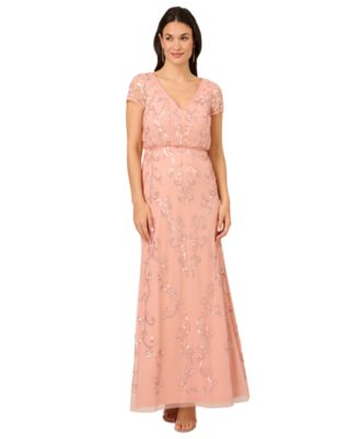 Adrianna Papell - Women's V-Neck Beaded Short-Sleeve Gown
