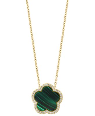 EFFY Collection - Malachite & Diamond (1/6 ct. t.w.) Flower Halo 18" Pendant Necklace in 14k Gold