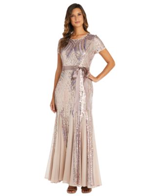 R & M Richards - Women's Sequin Embellished Short-Sleeve Gown