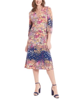 London Times - Women's Bishop-Sleeve Shirred Midi Dress