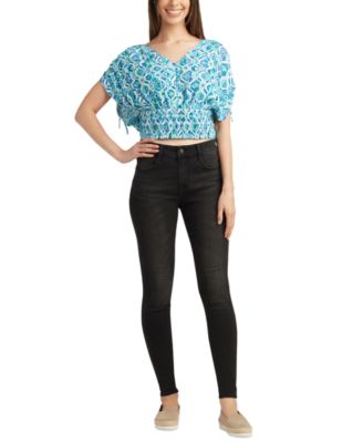 BCX - Juniors' Printed Drawstring Short-Sleeve Crop Top