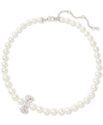 kate spade new york - Silver-Tone Cubic Zirconia Bow Imitation Pearl Strand Necklace, 17" + 3" extender