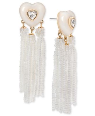 On 34th - Gold-Tone Crystal Heart & Beaded Fringe Drop Earrings