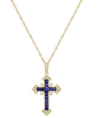 Macy's - Lab-Grown Blue Sapphire (3/4 ct. t.w.) & Lab-Grown White Sapphire (1/10 ct. t.w.) Ornate Cross 18" Pendant Necklace in 14k Gold-Plated Sterling Silver (Also in Lab-Grown Emerald)
