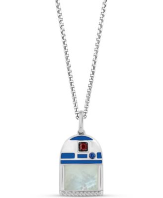 Wonder Fine Jewelry - Mother of Pearl, Sapphire, Garnet, & Diamond Accent R2D2 18" Pendant Necklace in Sterling Silver