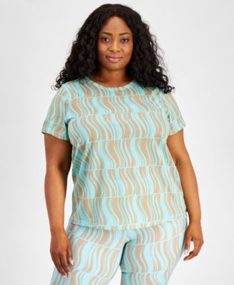 ID Ideology - Plus Size Geo-Print Mesh Short-Sleeve Top