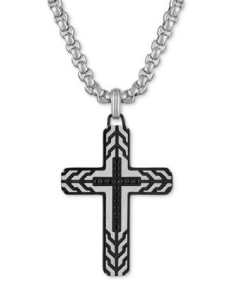 Esquire Men's Jewelry - Black Diamond Cross 22" Pendant Necklace (1/5 ct. t.w.) in Stainless Steel & Black Ion-Plate