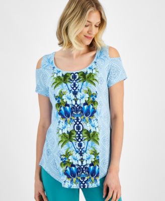 JM Collection - Petite Julia Jungle Cold-Shoulder Top, Created for Macy's
