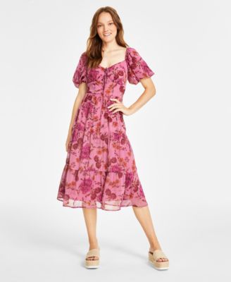 City Studios - Juniors' Floral Print Puff-Sleeve Tiered Midi Dress