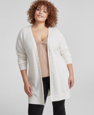 Charter Club - Plus Size Cashmere Bead-Trim Belted Cardigan