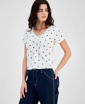 Disney - Juniors' Lace-Trim Mickey Mouse Print T-Shirt