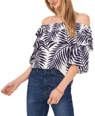 Sam & Jess - Petite Printed Double-Ruffle Bubble-Sleeve Blouse
