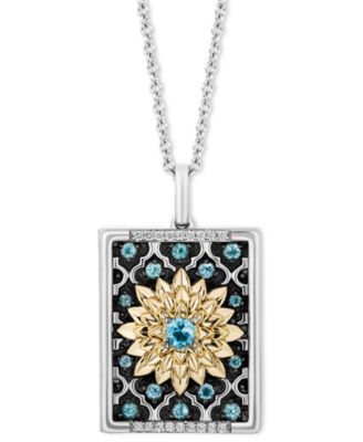 Disney Enchanted Vault - Swiss Blue Topaz (3/8 ct. t.w.) & Diamond (1/20 ct. t.w.) Jasmine Flower Pendant Necklace in 10k Gold, Sterling Silver & Black Rhodium-Plate, 16" + 2" extender