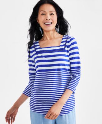 Style & Co - Petite Rewind Stripe Square-Neck 3/4-Sleeve Top