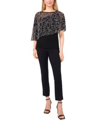 MSK - Women's Beaded Chiffon Asymmetrical Short-Sleeve Blouse