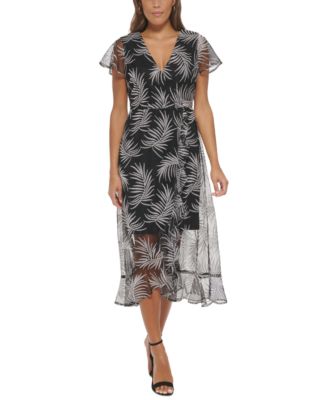 kensie - Women's Embroidered-Palm V-Neck Mesh Midi Dress