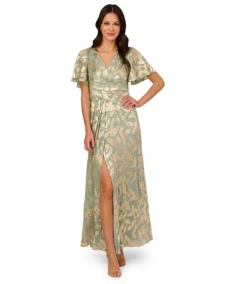 Adrianna Papell - Women's Foil Leaf Flutter-Sleeve Draped Gown