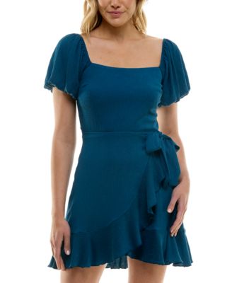 Trixxi - Juniors' Puff-Sleeve Side-Tie Fit & Flare Dress